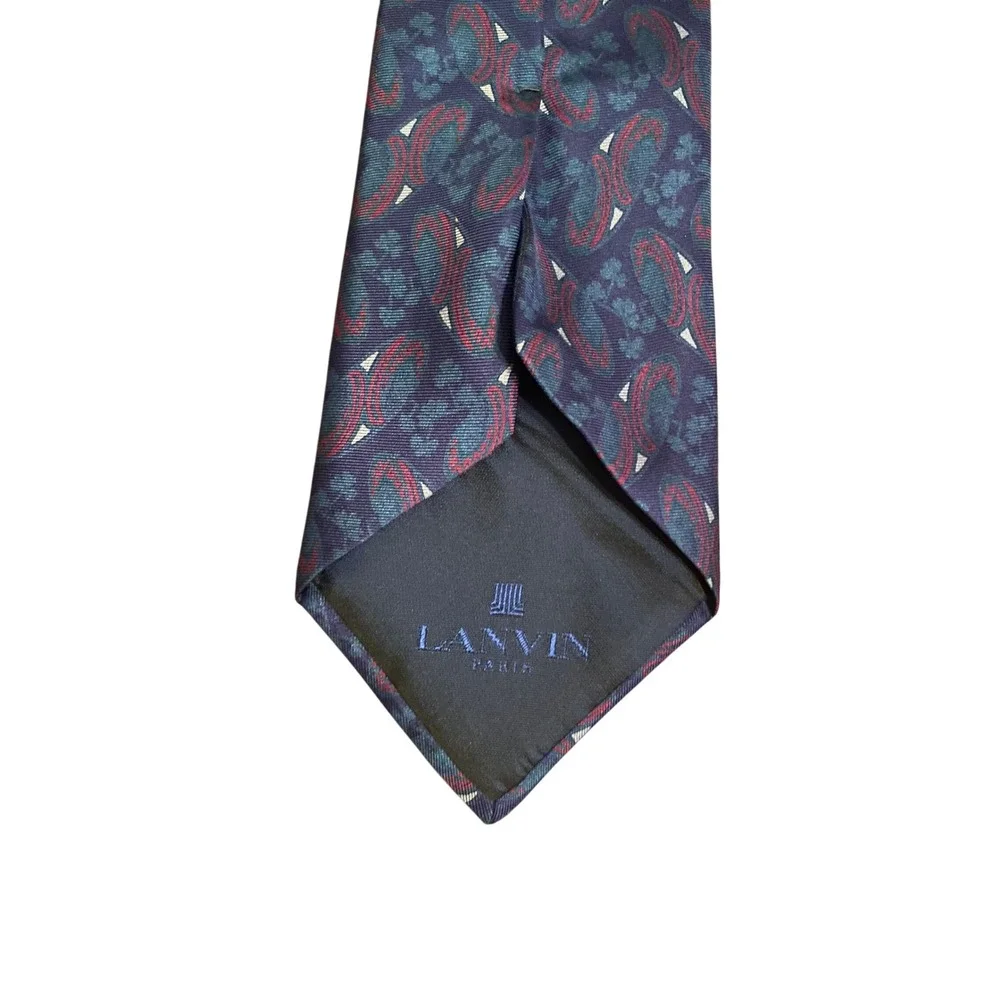 Lanvin Paris Mens Silk Tie Navy Blue Paisley Geometric Made in France Luxury‎
